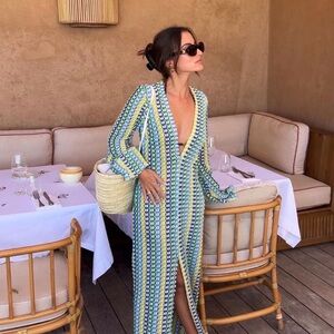 KAOA BOHO V NECK BELL SLEEVE WAVY STRIPED CROCHET BEACH VACATION MAXI DRESS